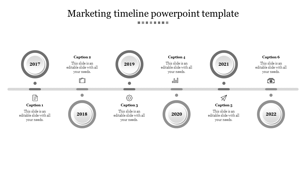 Horizontal timeline layout with six milestones in gray circular icons, connected by a linear path on a white background.