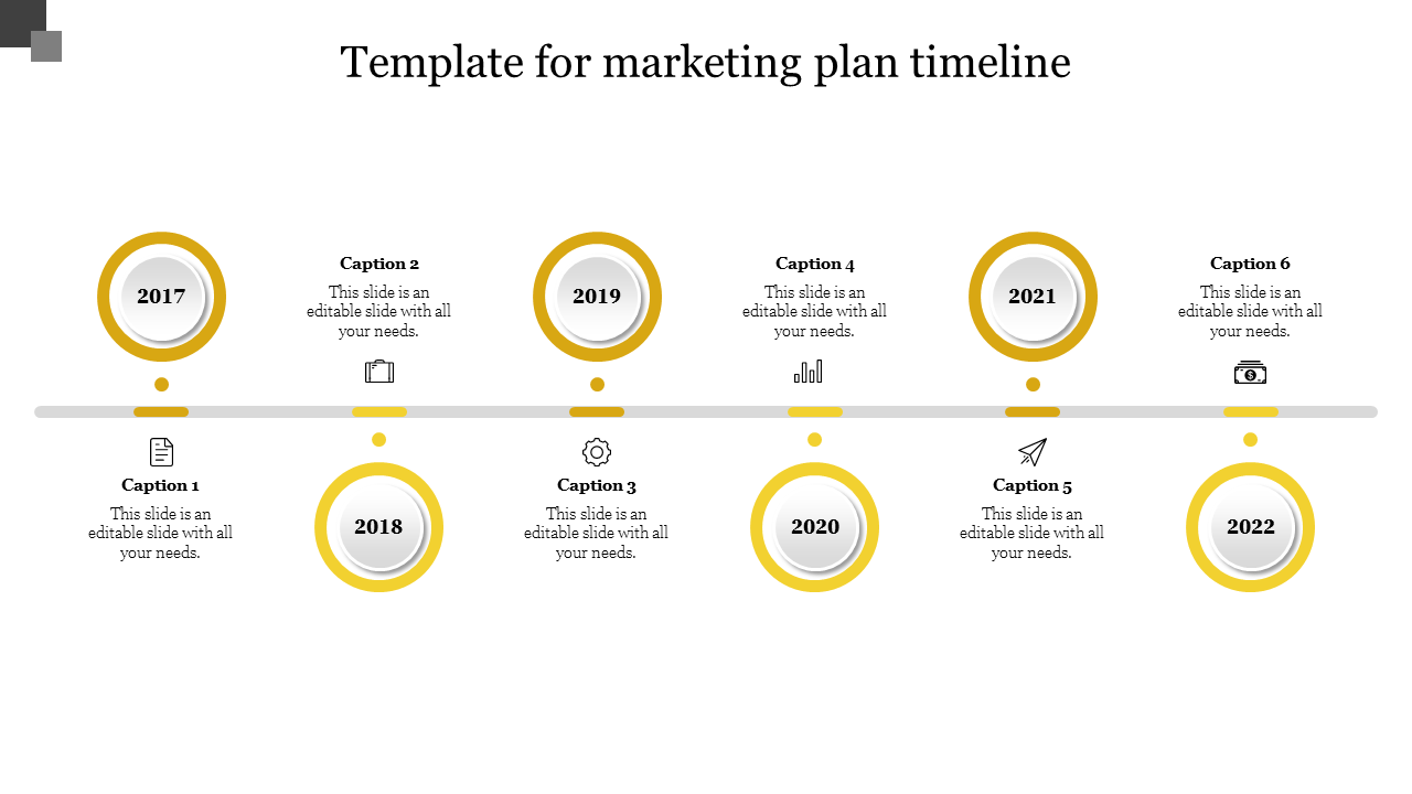 Timeline template showcasing marketing plan milestones from 2017 to 2022, with yellow circular markers for each year.