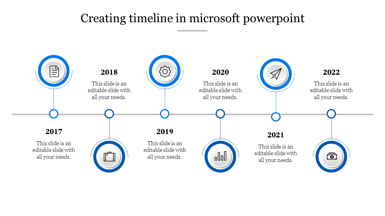 A clean and professional timeline slide in microsoft PowerPoint, illustrating key years from 2017 to 2022 with text.