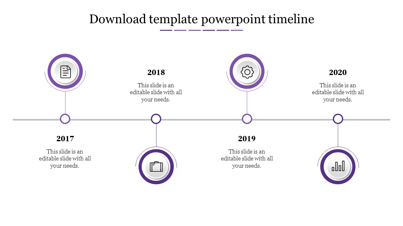 Timeline featuring four purple circular icons for the years 2017, 2018, 2019, and 2020, connected by a line.