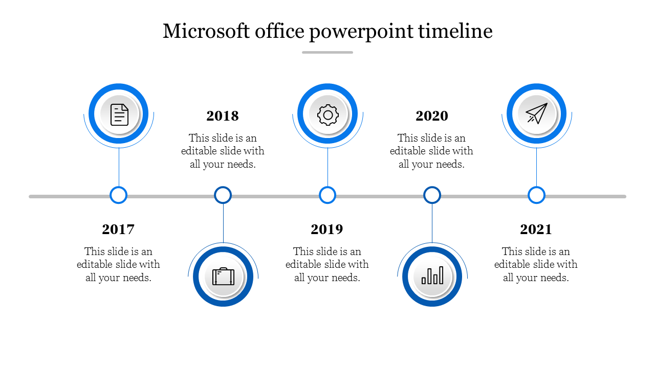 Horizontal timeline with milestones from 2017 to 2021, each featuring a blue circular icon and text fields.