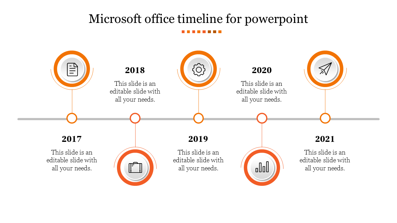 Orange-themed timeline with five circular markers for years 2017 to 2021, each with icons, connected by a gray line.