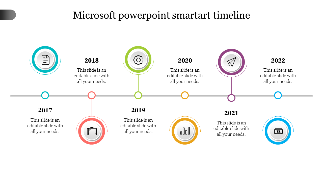 Color coded timeline with circular icons for each year from 2017 to 2022, connected by a gray line.