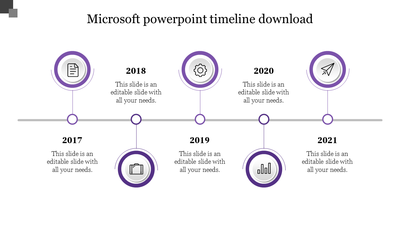 Timeline slide with five purple milestones, each with a year from 2017 to 2021, connected by a gray horizontal line.