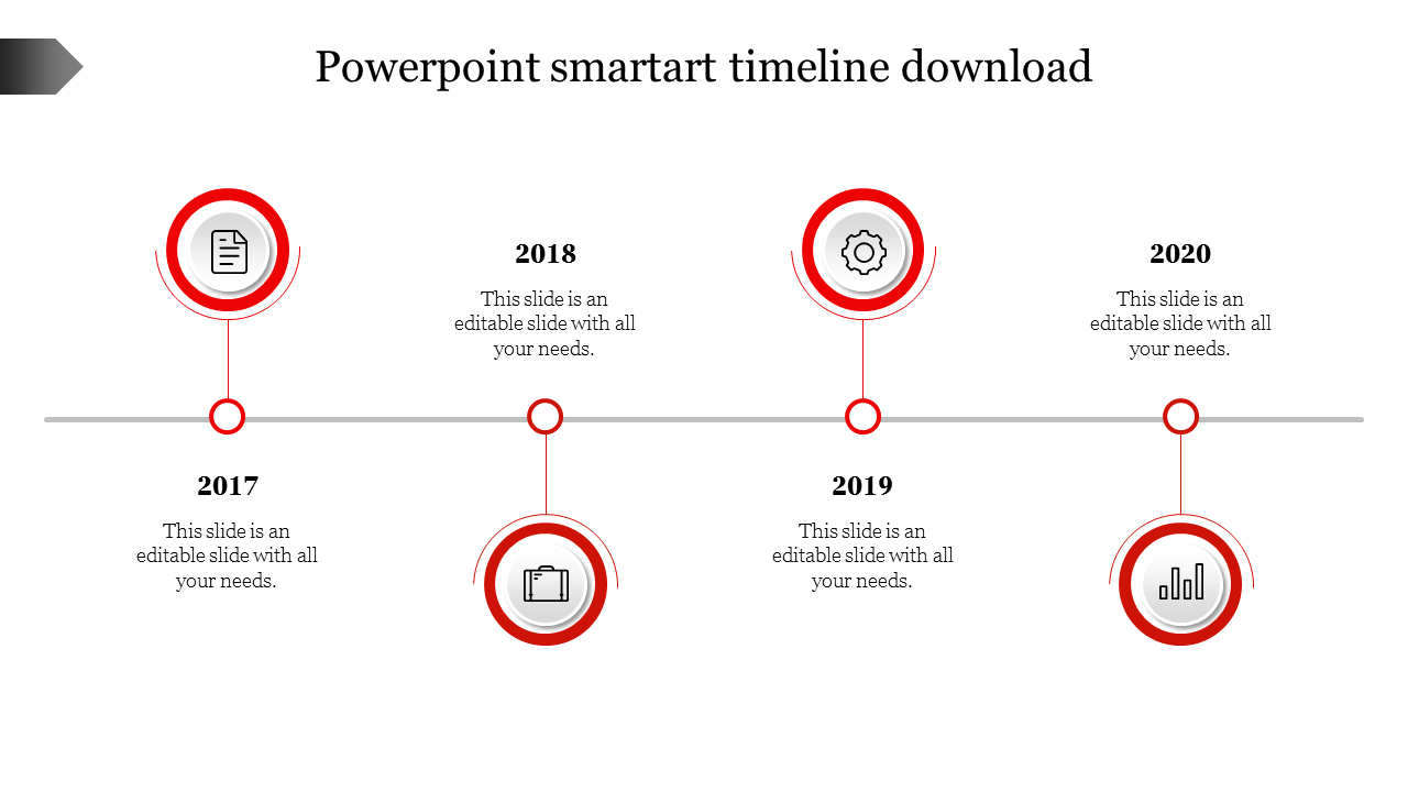 Slide featuring a SmartArt red timeline with years from 2017 to 2020, including icons for each year with placeholder text.