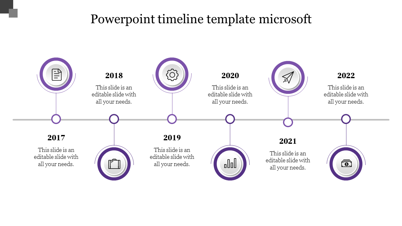 Timeline slide with six purple circular icons for years 2017 to 2022, each featuring a relevant icon and text placeholder.