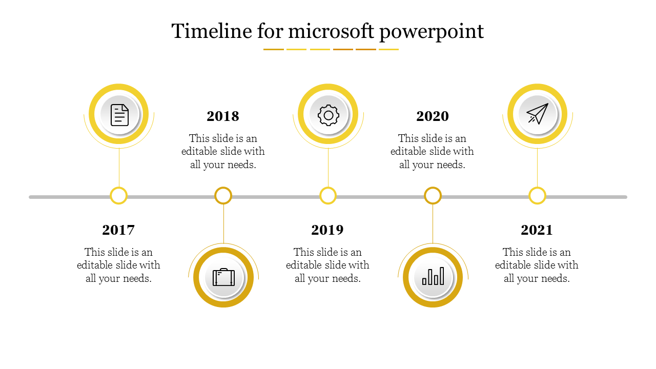 Elegant timeline PPT template with yellow highlighted circles from 2017 to 2021 and text placeholders on a white backdrop.