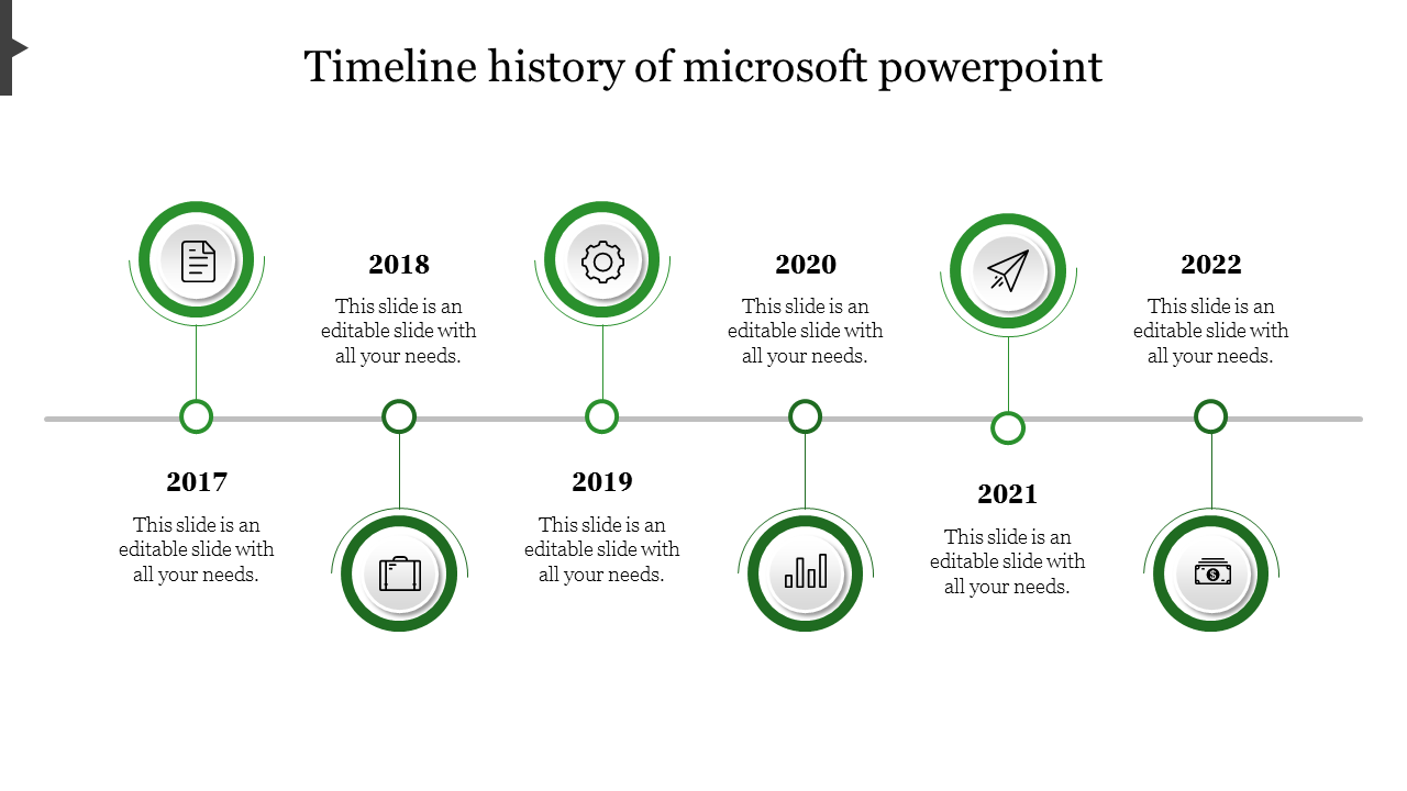 Six green circle icons placed along a horizontal timeline, indicating events from 2017 to 2022, with text on both sides.