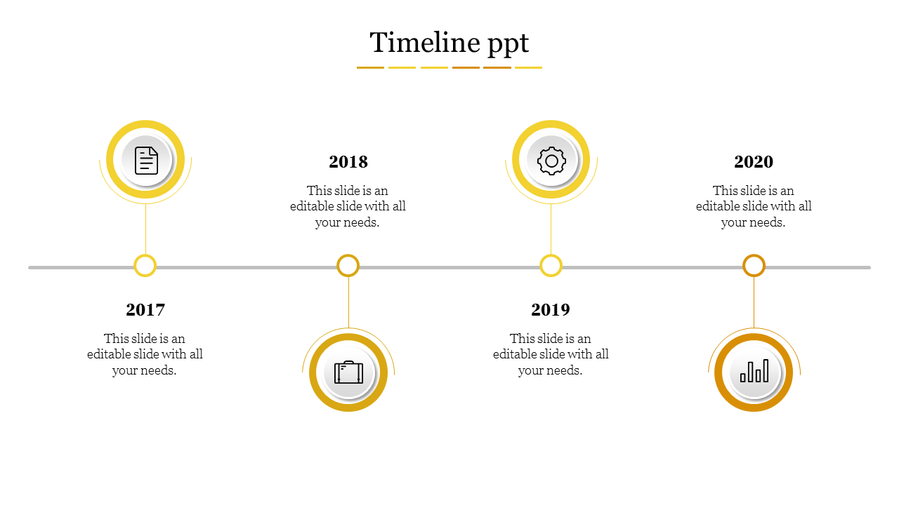 Timeline PPT slide with yellow accented circles from 2017 to 2020, featuring icons and placeholder text.