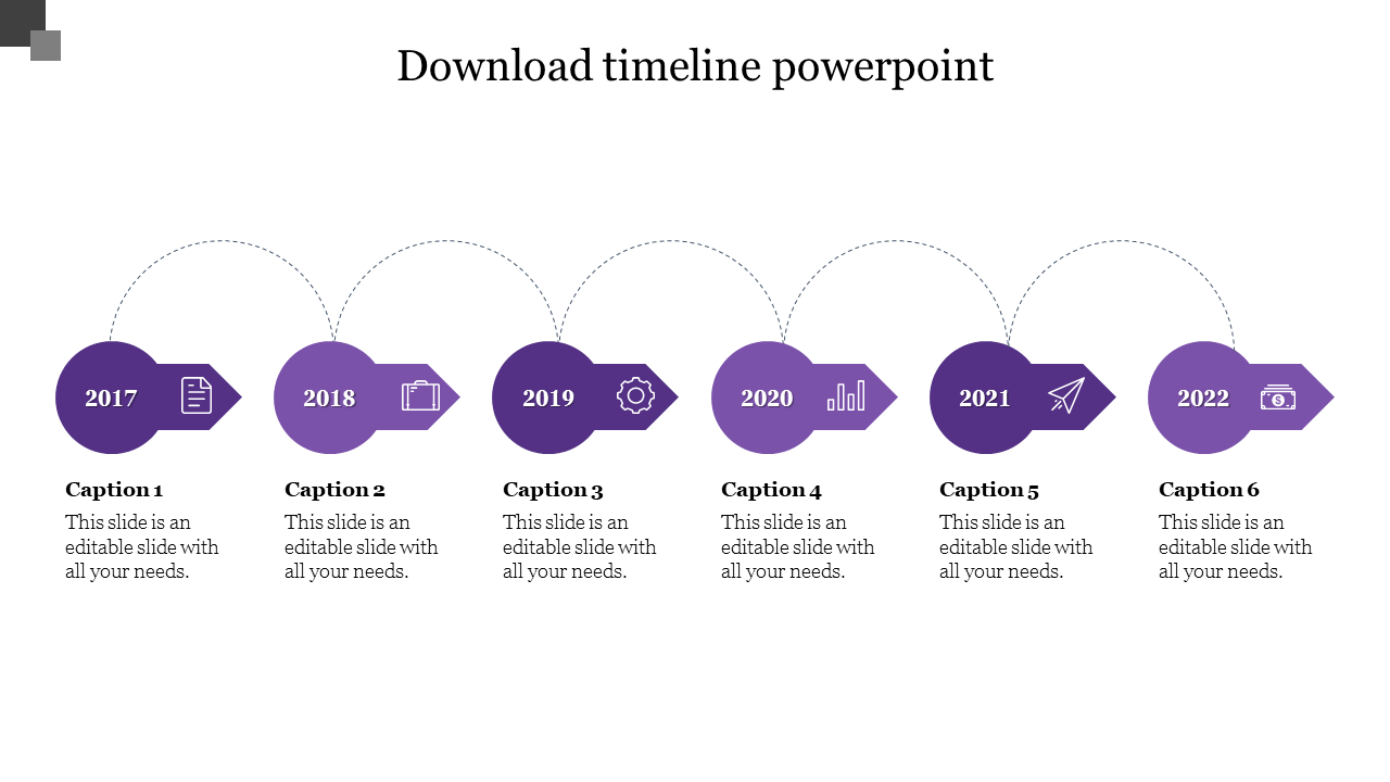 Purple themed timeline PPT slide from 2017 to 2022, featuring icons and captions with placeholder text on a white backdrop.