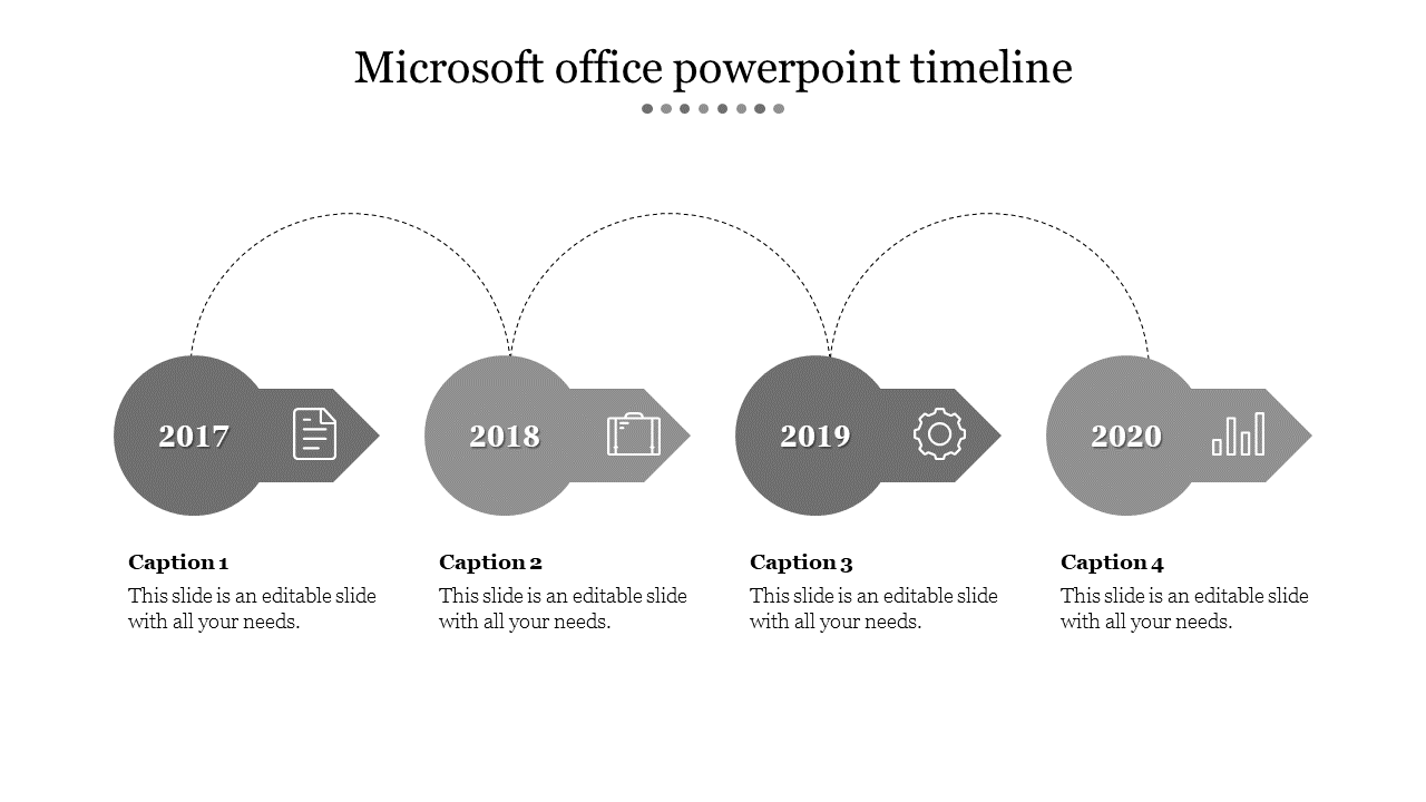 Gray timeline with four circular icons with arrow shape, connected by dashed lines from 2017 to 2020, and captions below.