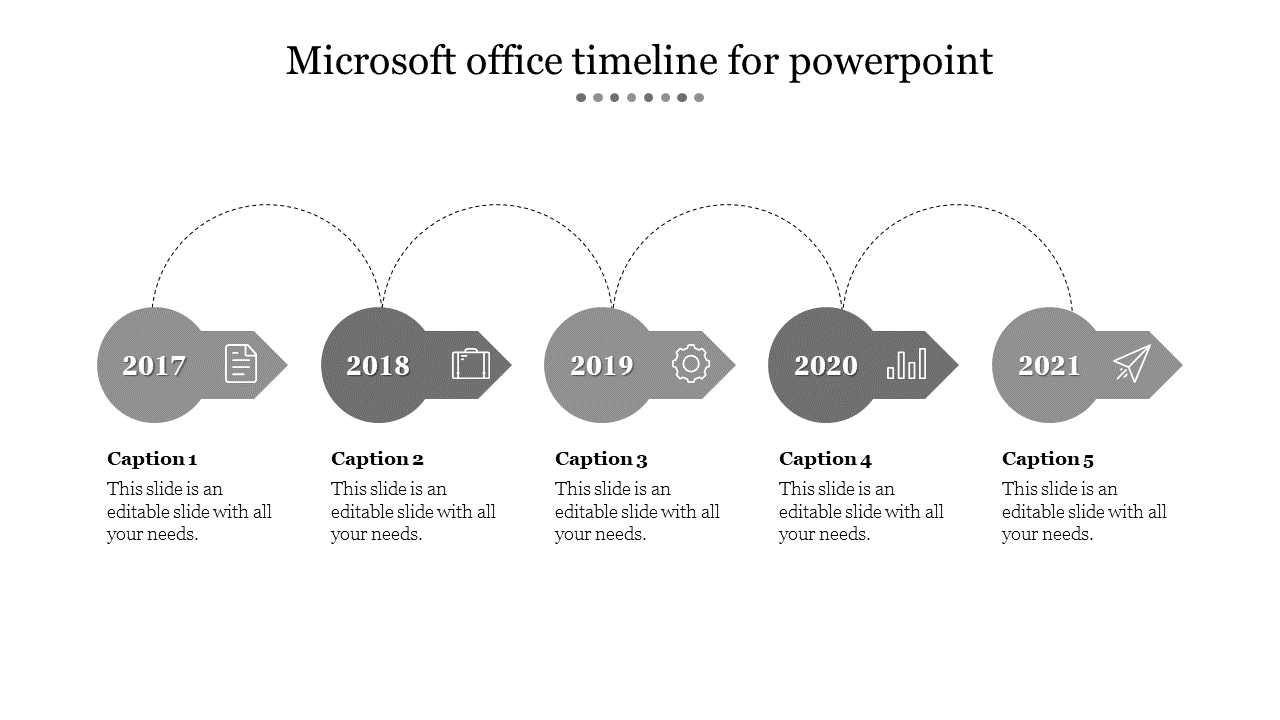  Linear timeline showing years 2017 through 2021, each represented by a grey node with an icon, and caption areas.