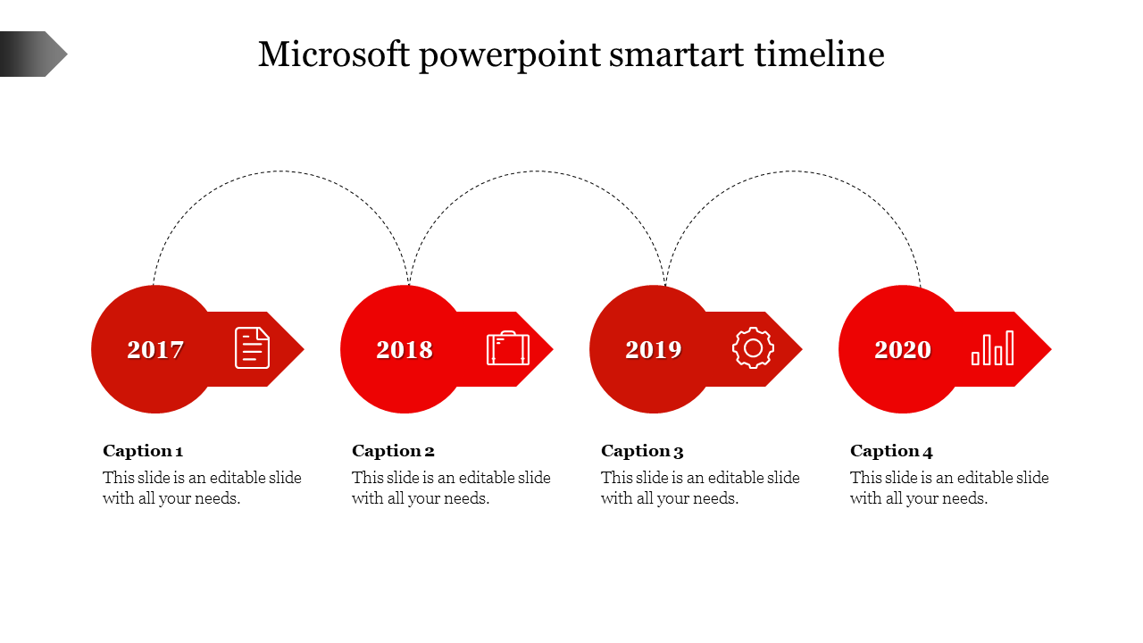 Red Microsoft PowerPoint SmartArt timeline from 2017 to 2020, featuring icons and captions on a white backdrop.