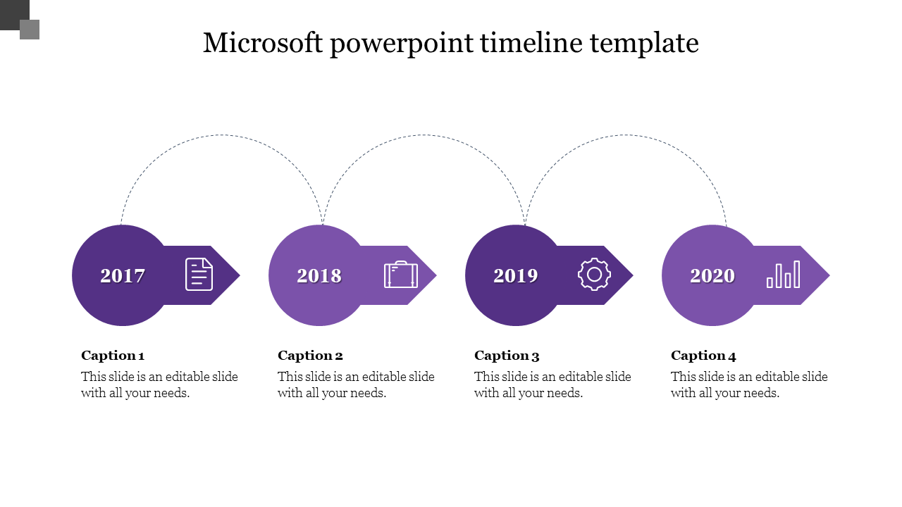 Purple timeline with four circular arrows, each containing a year and an icon, placed in a horizontal layout.