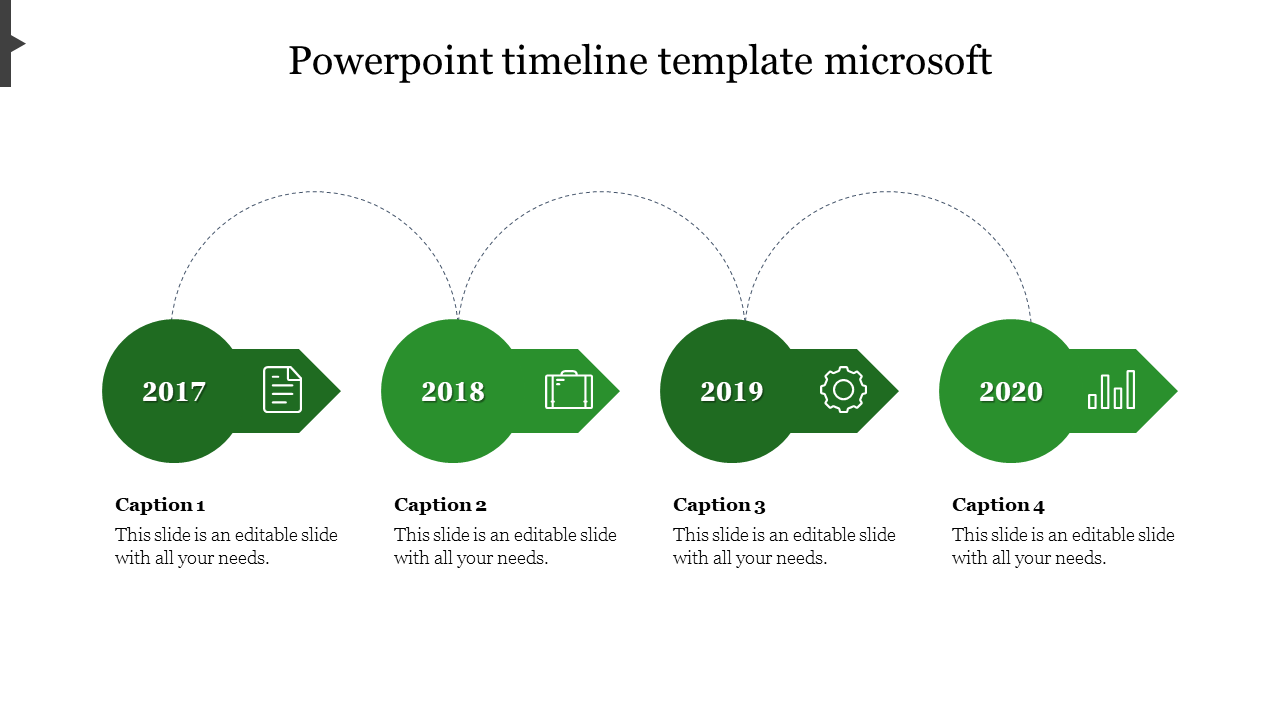 A horizontal timeline with green arrow-shaped year markers from 2017 to 2020, and relevant icons and  caption areas.