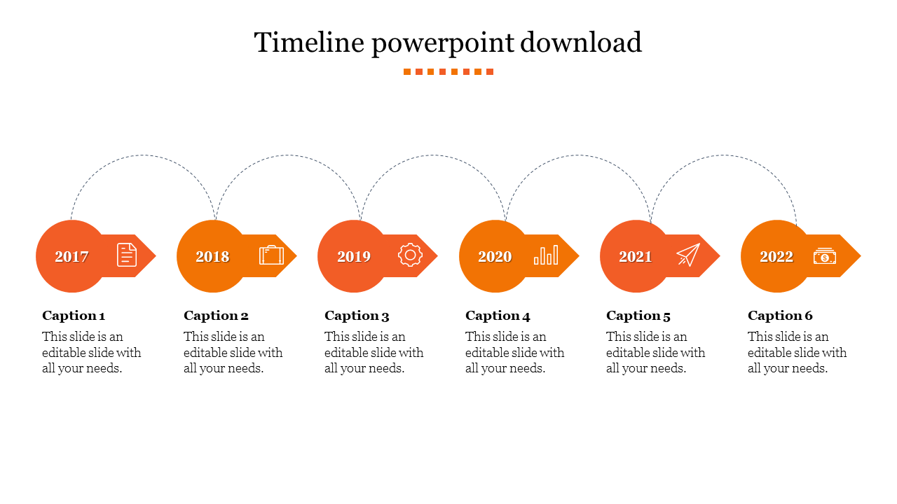 Orange themed timeline template from 2017 to 2022, featuring icons and captions on a white backdrop.