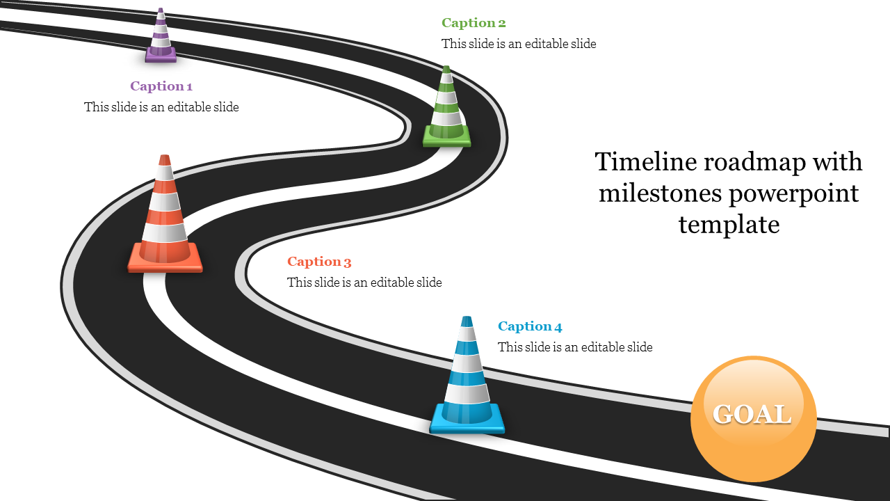 Curved road with four colored traffic cones purple, green, orange, and blue, ending at a yellow goal icon.