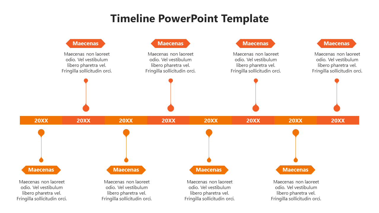 Orange themed timeline with eight arrow shapes connected by circular nodes, and year markers, with text placeholders.