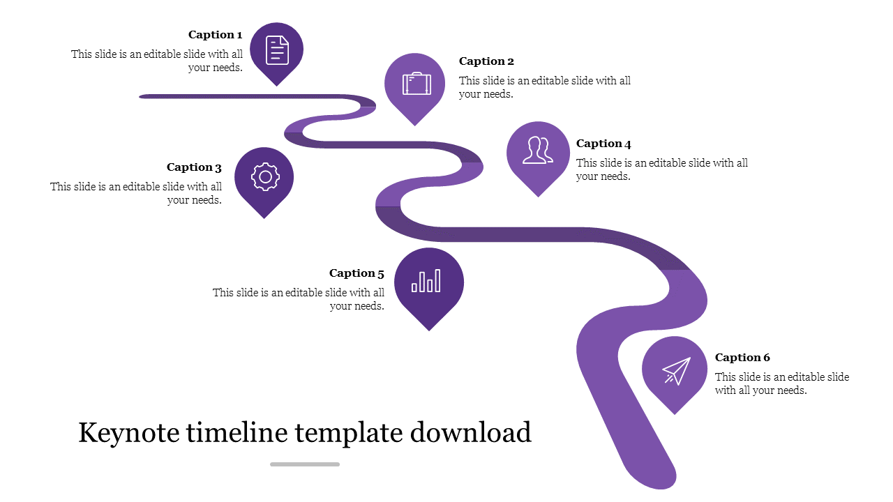 Purple winding timeline with six milestones, each marked by an icon and caption along the curved path.