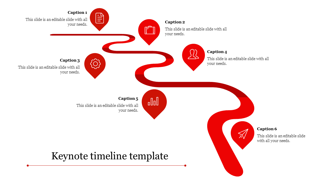 Red curving timeline with six milestones marked by location pins and icons, arranged in a flowing layout on white.