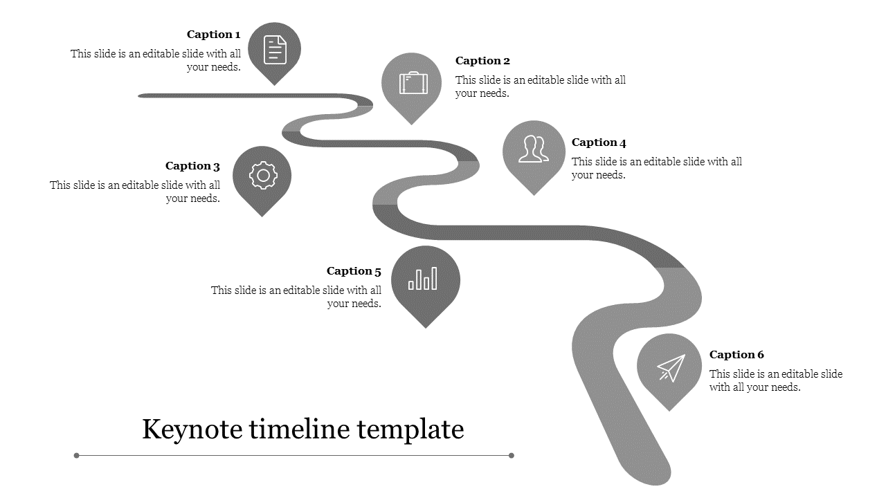 Design ideas slide featuring a winding path with six milestone markers and captions representing different stages.