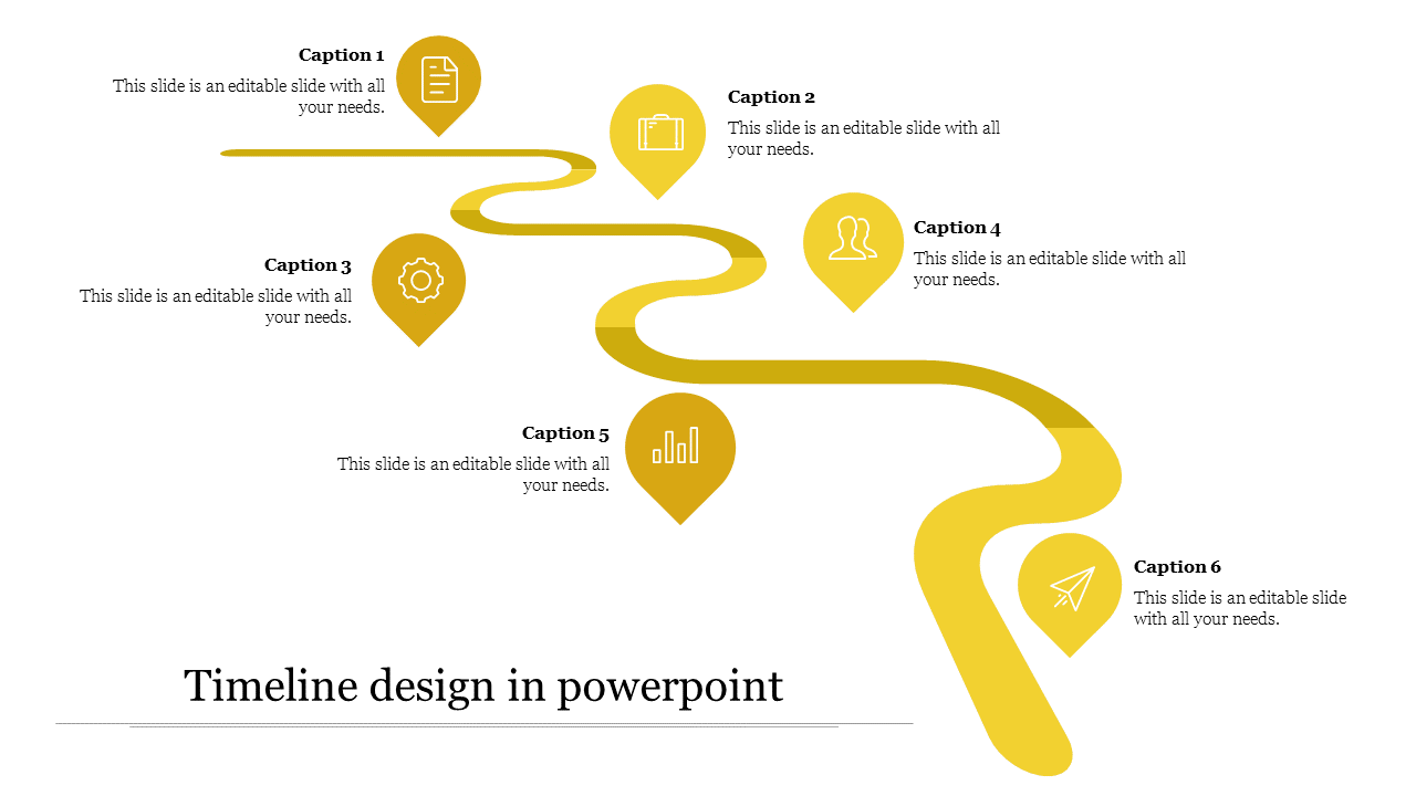 Winding yellow timeline with six tear drop points, each marked with icons and captions, creating a smooth flow.