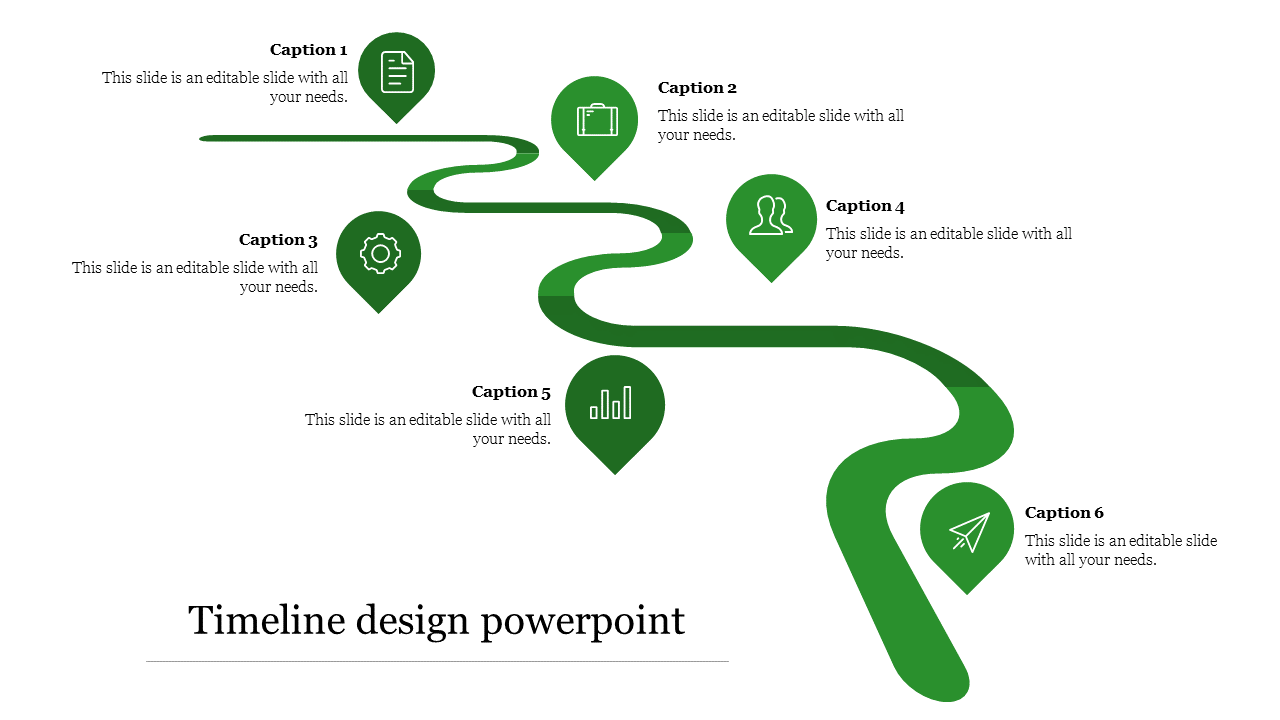 Curved green timeline design PowerPoint template with location markers and captions with icons on a white backdrop.