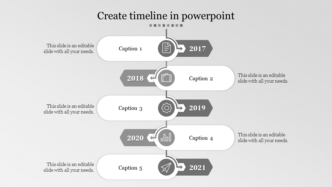 Monochrome vertical timeline PowerPoint template with grey icons and captions with placeholder text.