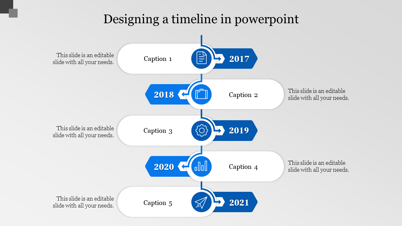 Timeline with five blue rounded boxes for year from 2017 to 2021, connected by arrows, containing icons and captions.