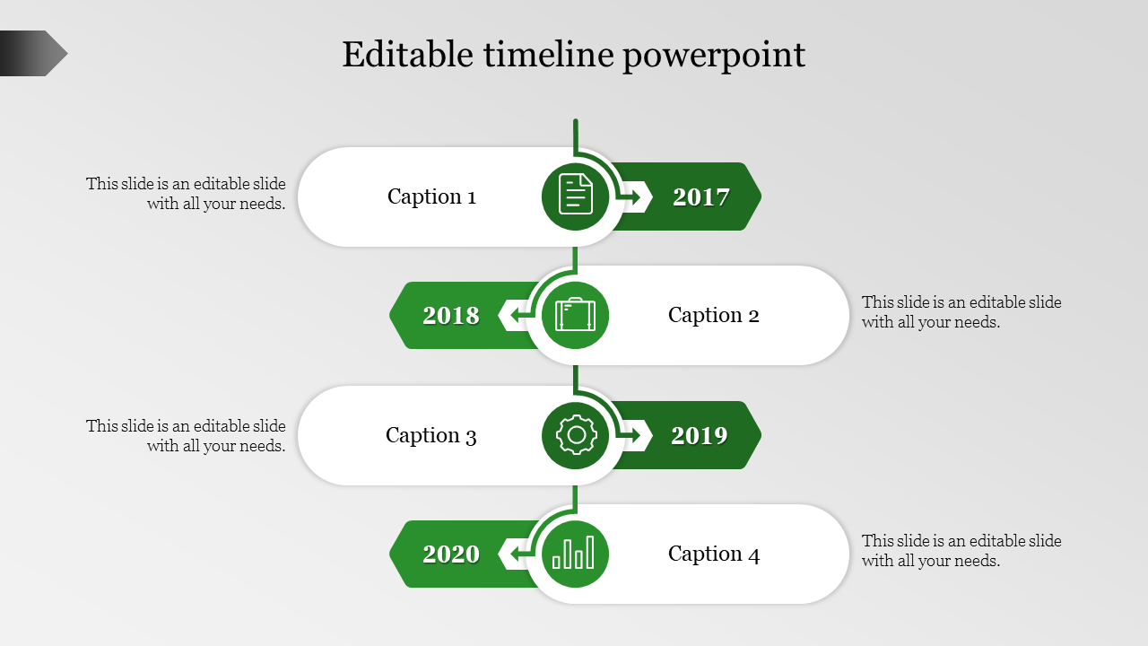 Green themed timeline PowerPoint template with years from 2017 to 2020 and captions with placeholder text.