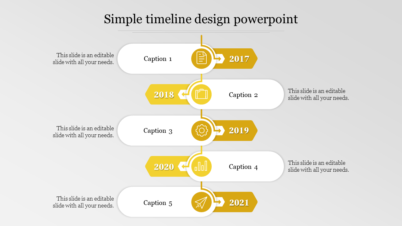 Simple vertical timeline PowerPoint design with years from 2017 to 2021 and descriptions with yellow icons.