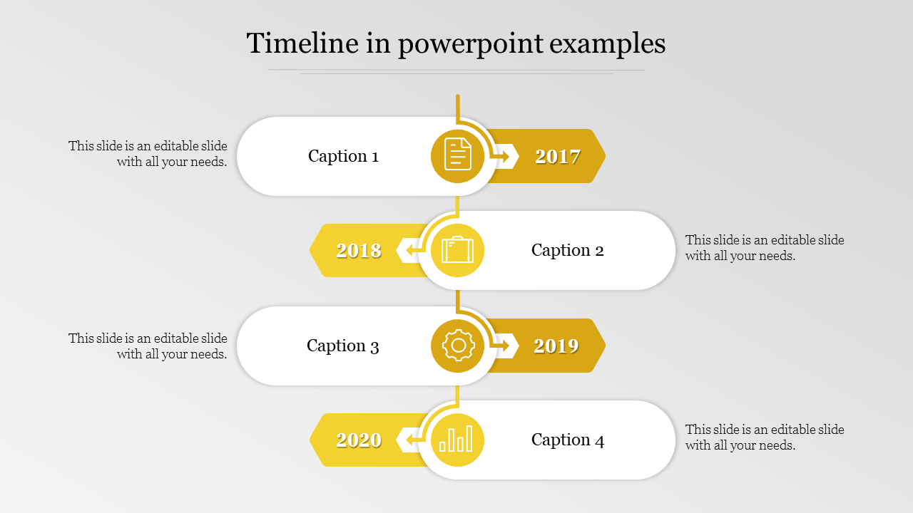 Timeline with white rounded shapes paired with yellow arrows, featuring years and icons with captions in a vertical layout.