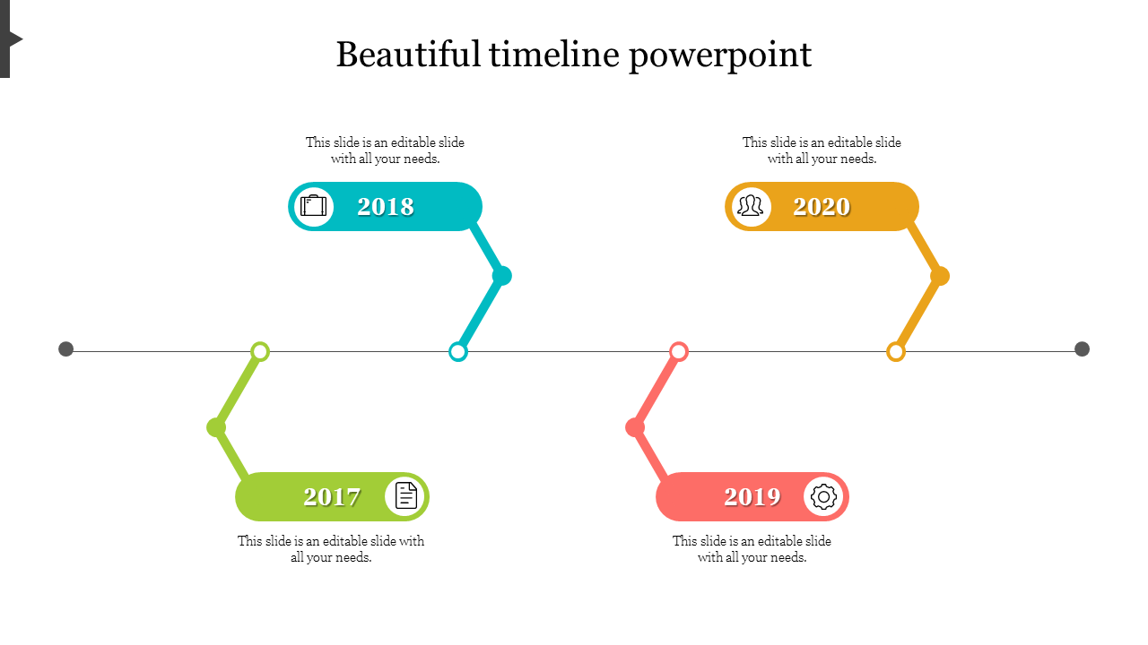 PowerPoint template with a visually appealing timeline showing milestones from 2017 to 2020 and icons.