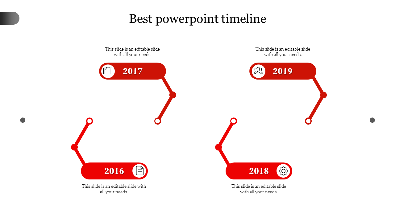 Timeline layout with four red circular markers, and year labels in rectangular sections from 2016 to 2019.