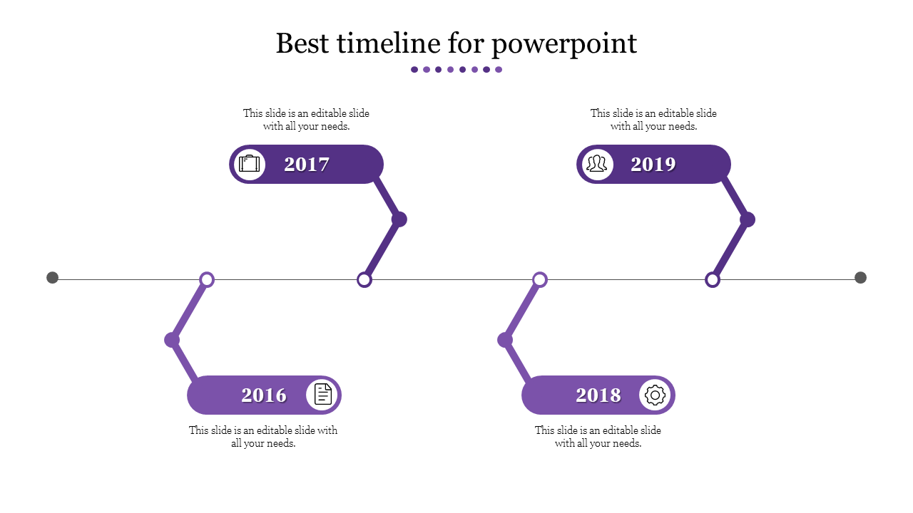 Modern purple zigzag timeline PPT slide with years from 2016 to 2019 with icons and placeholder text on a white backdrop.