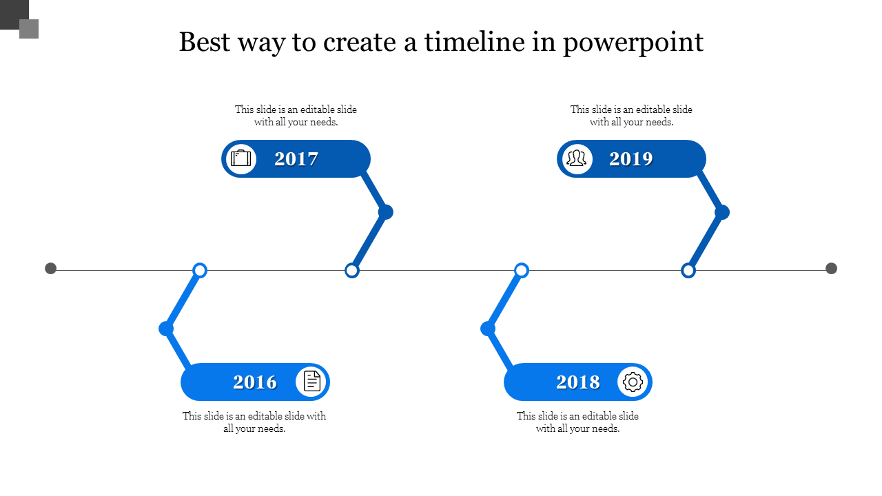 Timeline in blue shades with four rounded connectors, rectangular boxes, and icon based year markers.