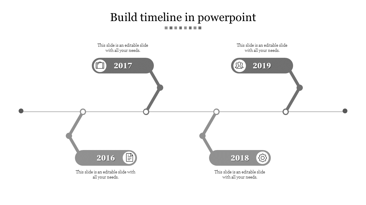 Gray timeline with four circular nodes paired with rectangular boxes, showing year markers 2016 to 2019, with icons.