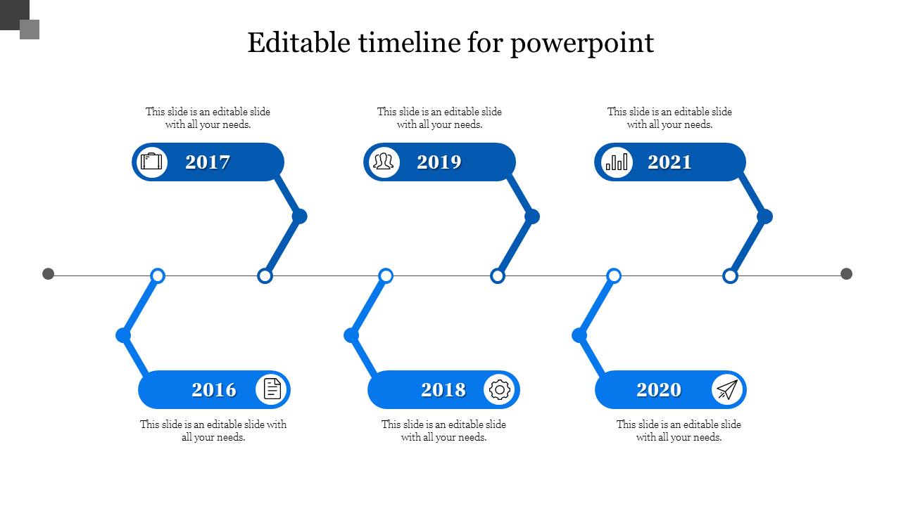 Blue themed timeline PPT template featuring years from 2016 to 2021 with icons and placeholder text on a white backdrop.