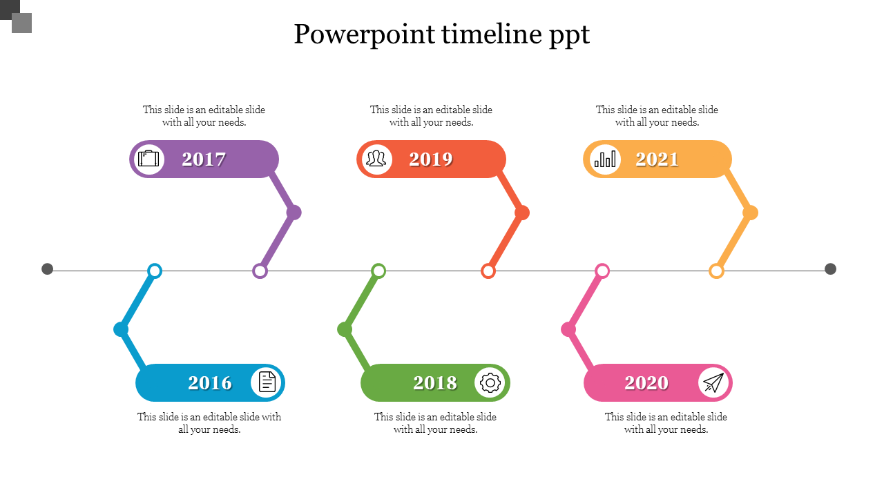 Infographic timeline featuring six years in a staggered layout, using blue, purple, green, red, pink, and yellow labels.