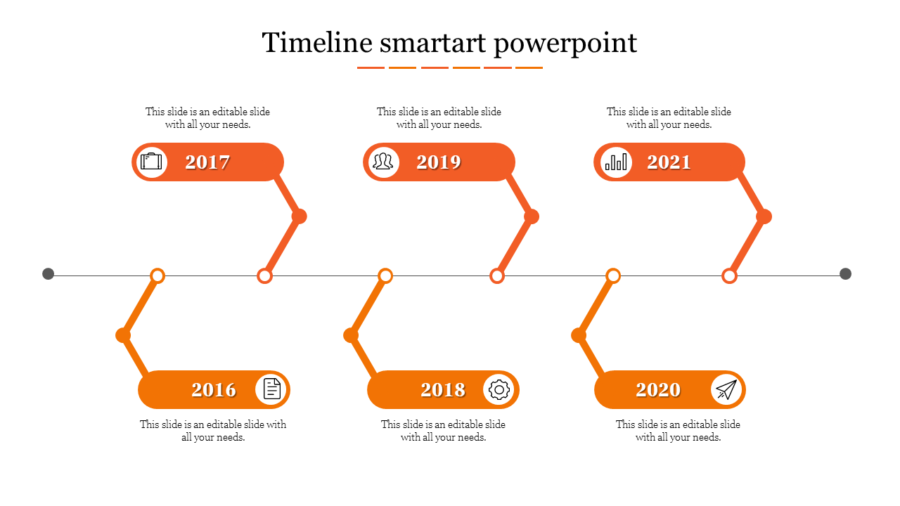 Timeline with six orange geometric shapes and icons representing different years, connected on a horizontal line.