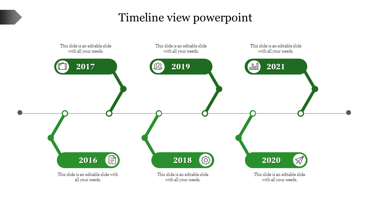 Green colored timeline with six circular markers and connecting lines in a horizontal layout, with years from 2016 to 2021.