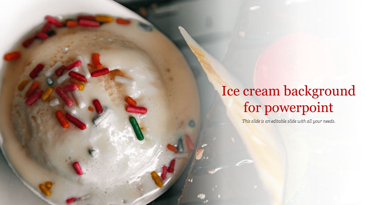 Close-up of a bowl of ice cream with colorful sprinkles, partially faded on the right with text overlay.