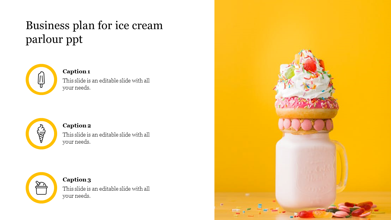 Business plan slide with an ice cream parlor showcasing three sections with icons alongside a colorful ice cream drink image.