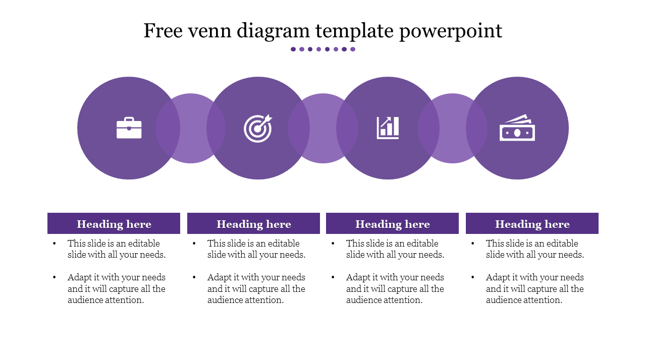 Purple Venn diagram PowerPoint template with overlapping circles representing business, strategy, growth, and finance.