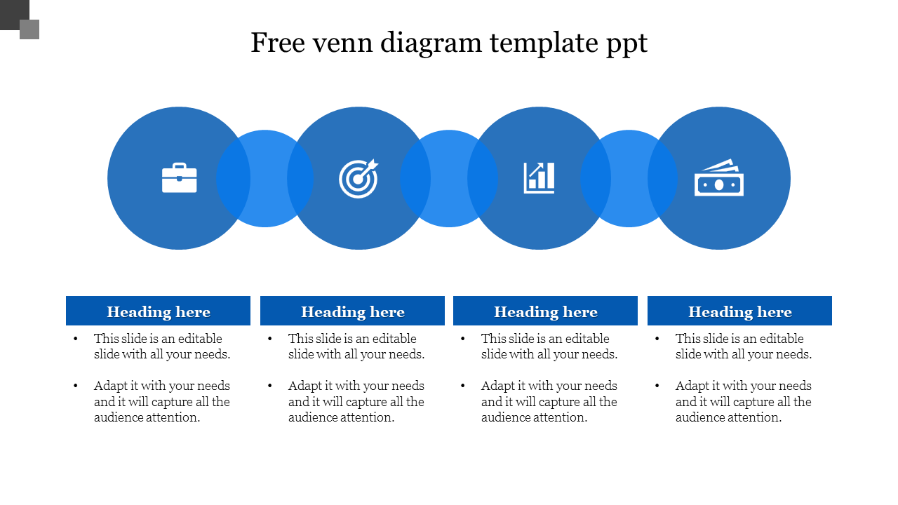 Four overlapping blue circles with icons above text boxes for headings, forming a venn diagram layout.