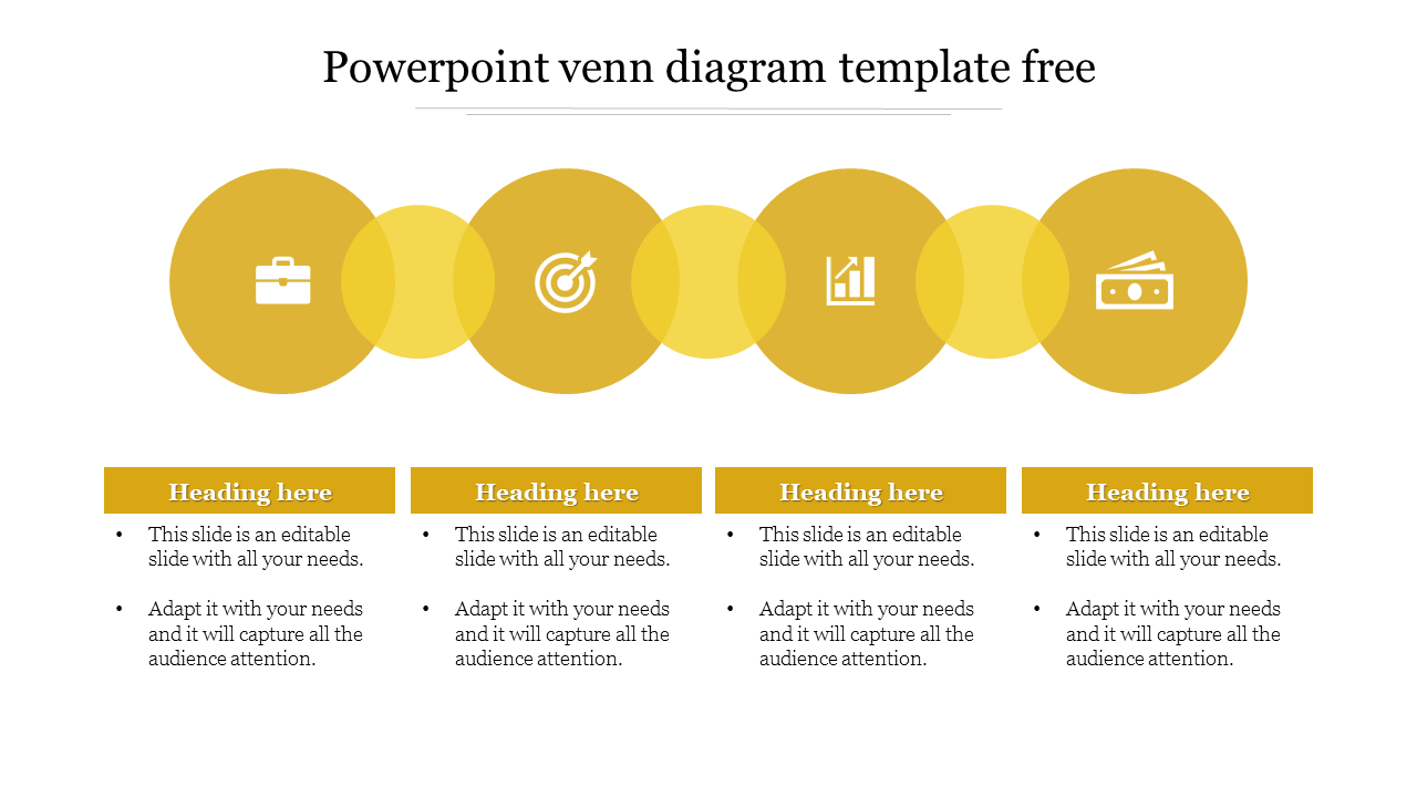 PowerPoint Venn diagram template with four interconnected circles, each with an icon and sections below.