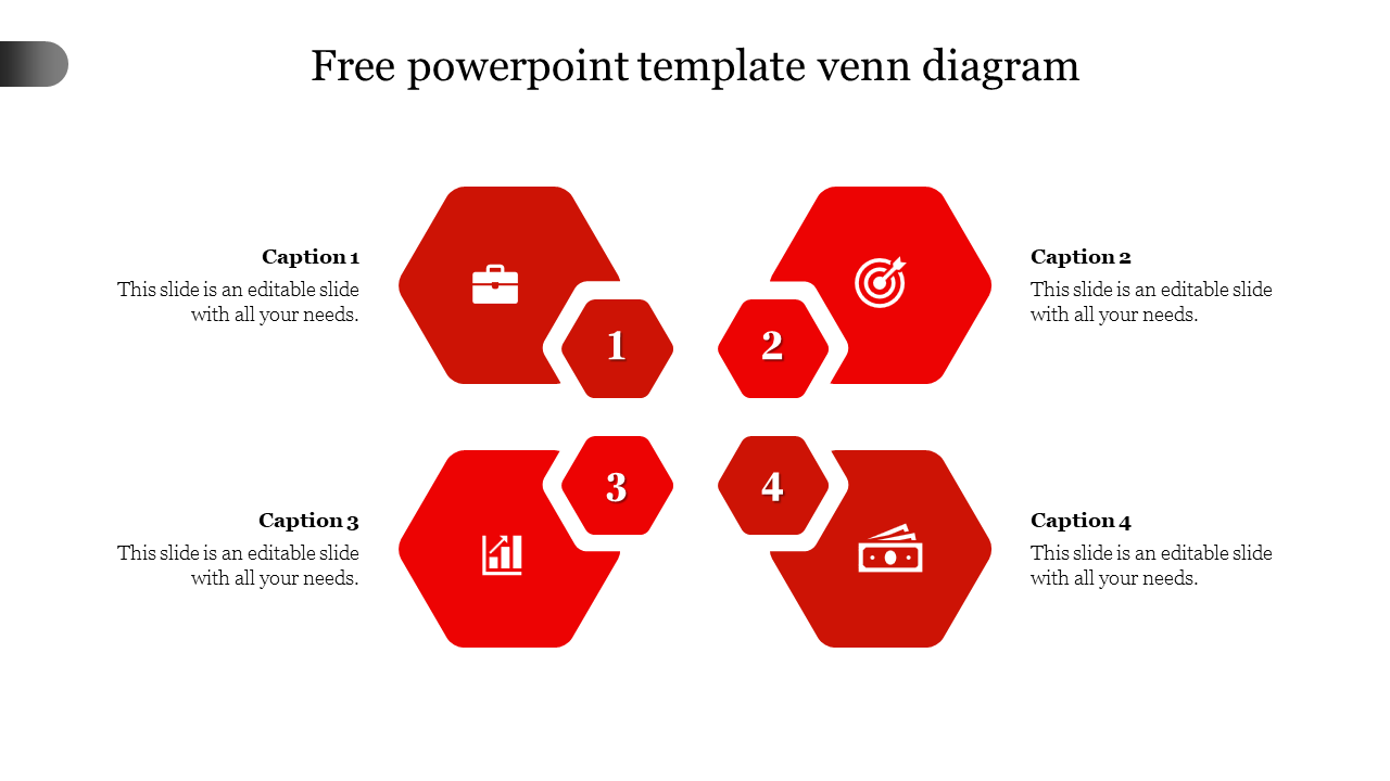 Red hexagonal Venn diagram PowerPoint template with numbered steps and icons for business, target, growth, and finance.