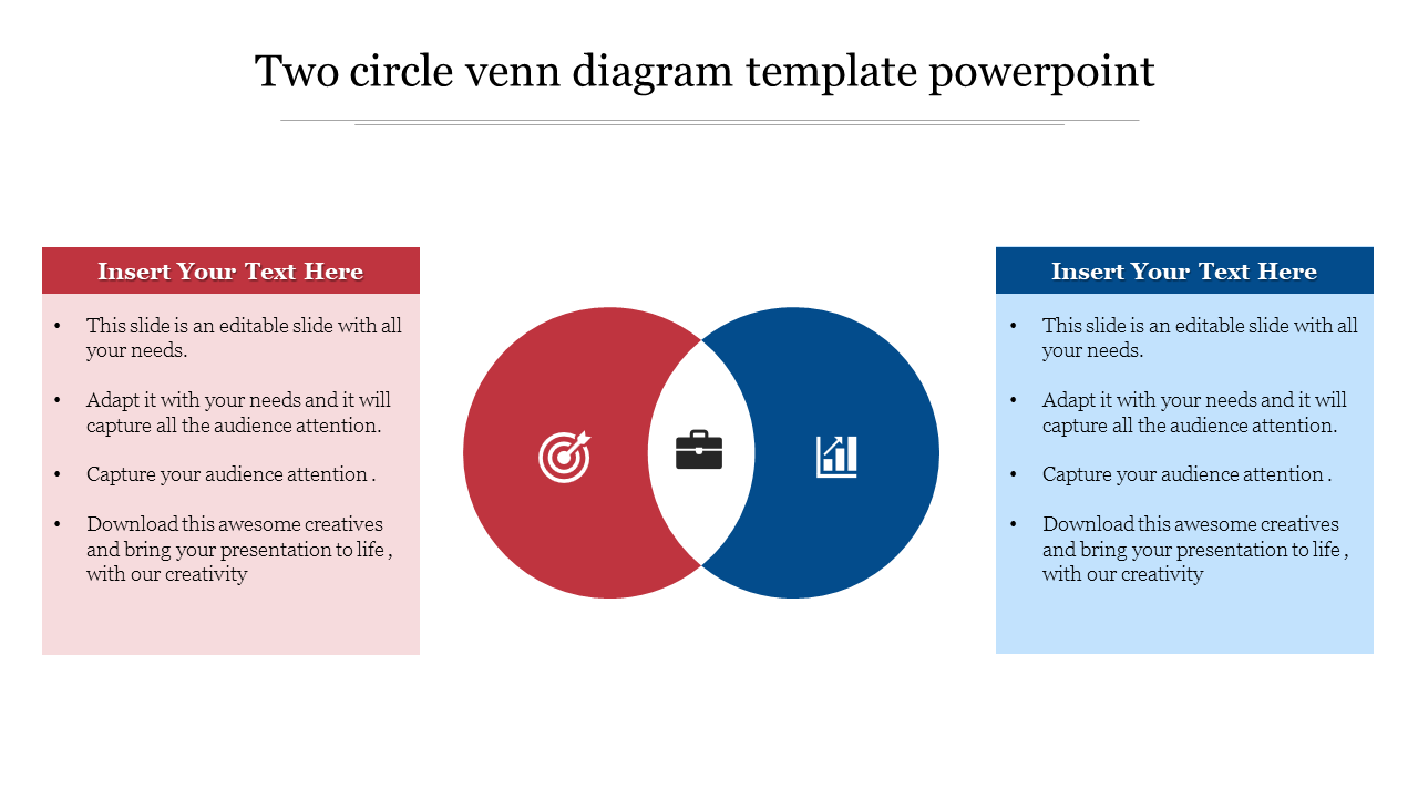 Venn diagram slide with two colored overlapping circles, each representing distinct areas with a central commonality.