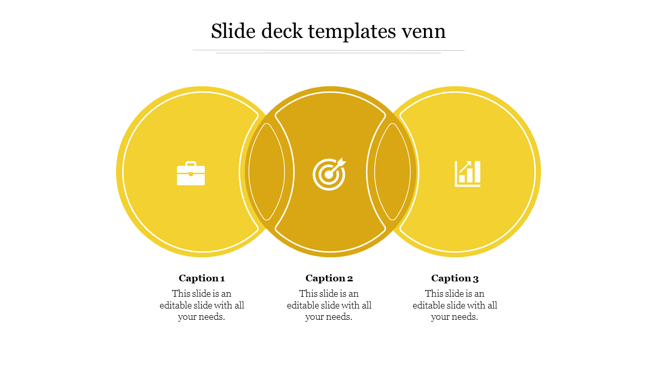 Slide deck Venn diagram template with overlapping circles in shades of yellow with icons and captions on a white backdrop.