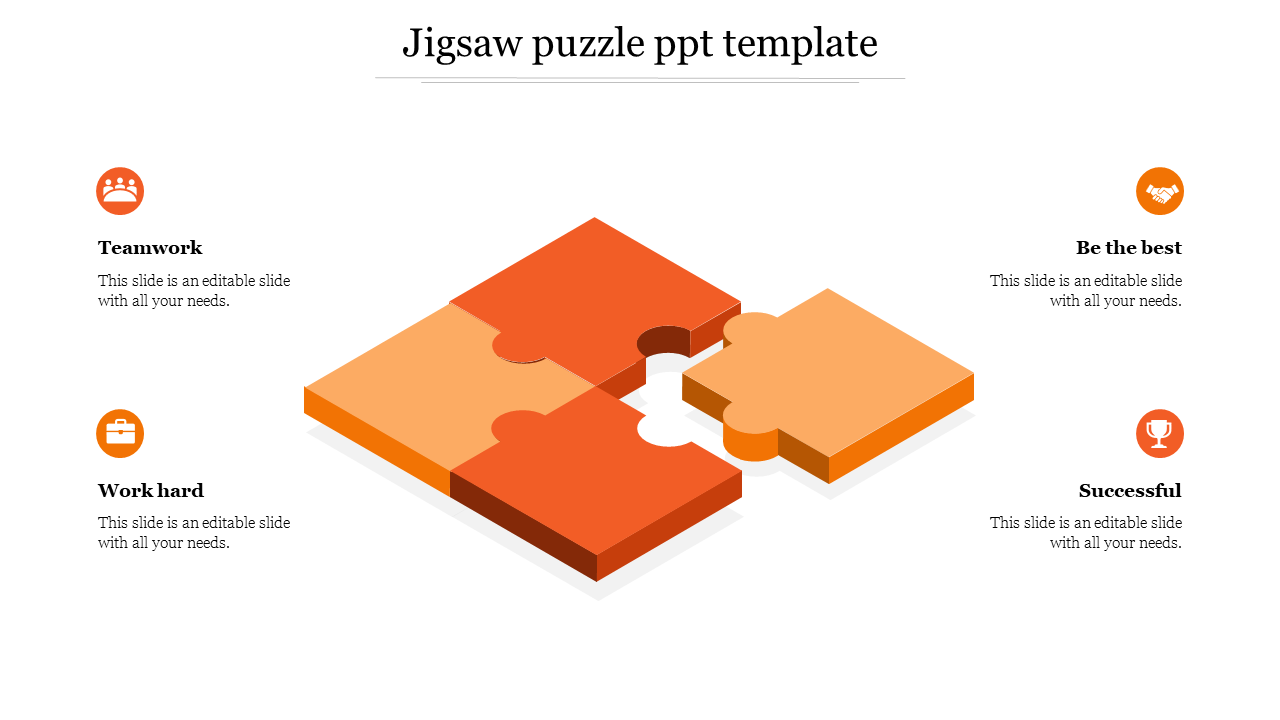  A four-piece orange puzzle graphic representing different business concepts, with matching icons and caption areas.